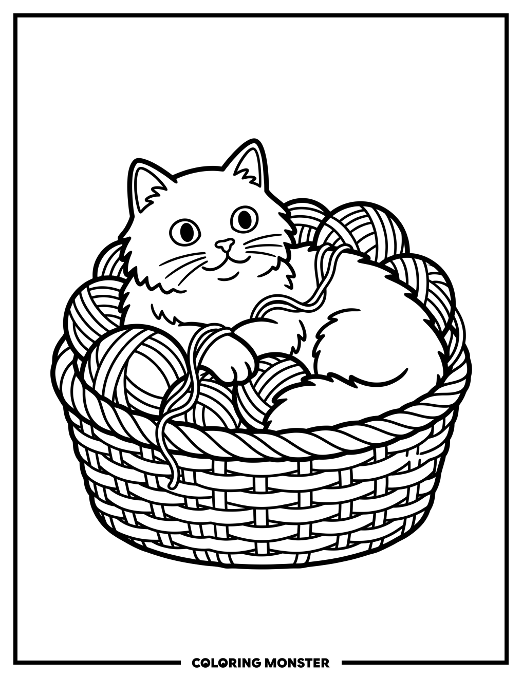Fluffy Cat in Yarn Basket Coloring Page