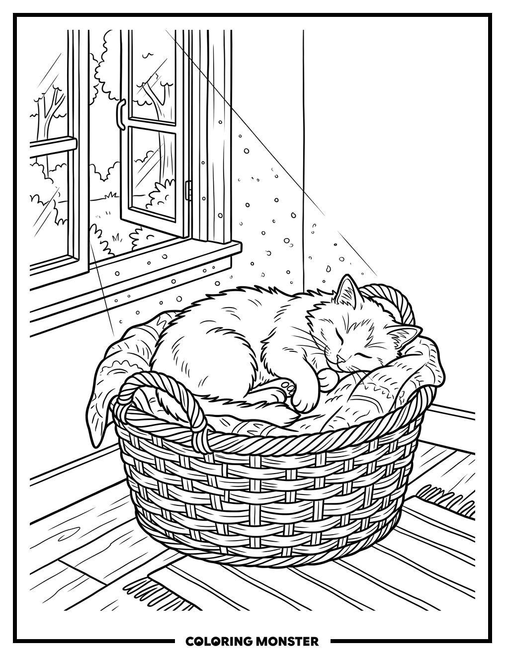 Fluffy Cat Napping in Basket Coloring Page