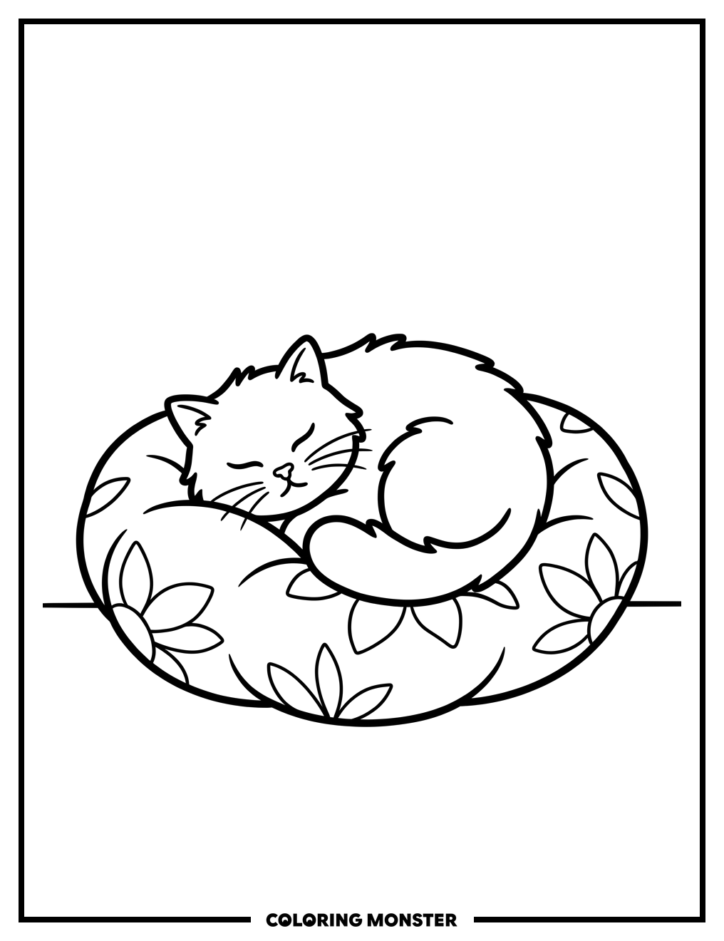 Fluffy Cat Napping on Cushion Coloring Page