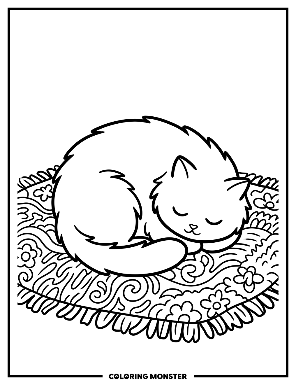 Fluffy Cat Napping on Rug Coloring Page