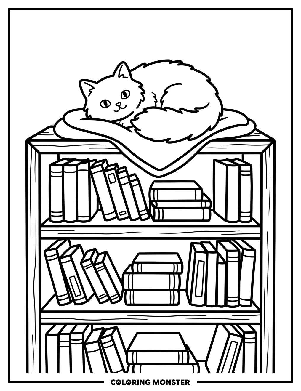 Fluffy Cat on Bookshelf Coloring Page