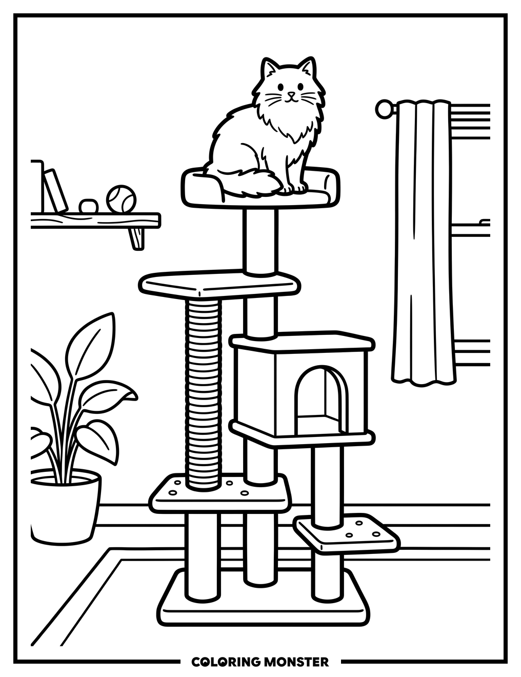 Fluffy Cat on Cat Tree Coloring Page