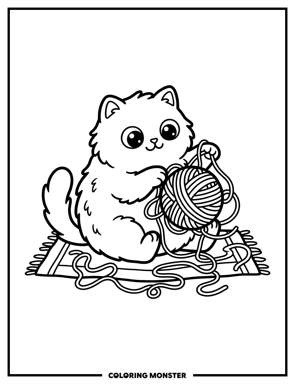 Fluffy Cat Playing with Yarn Coloring Page