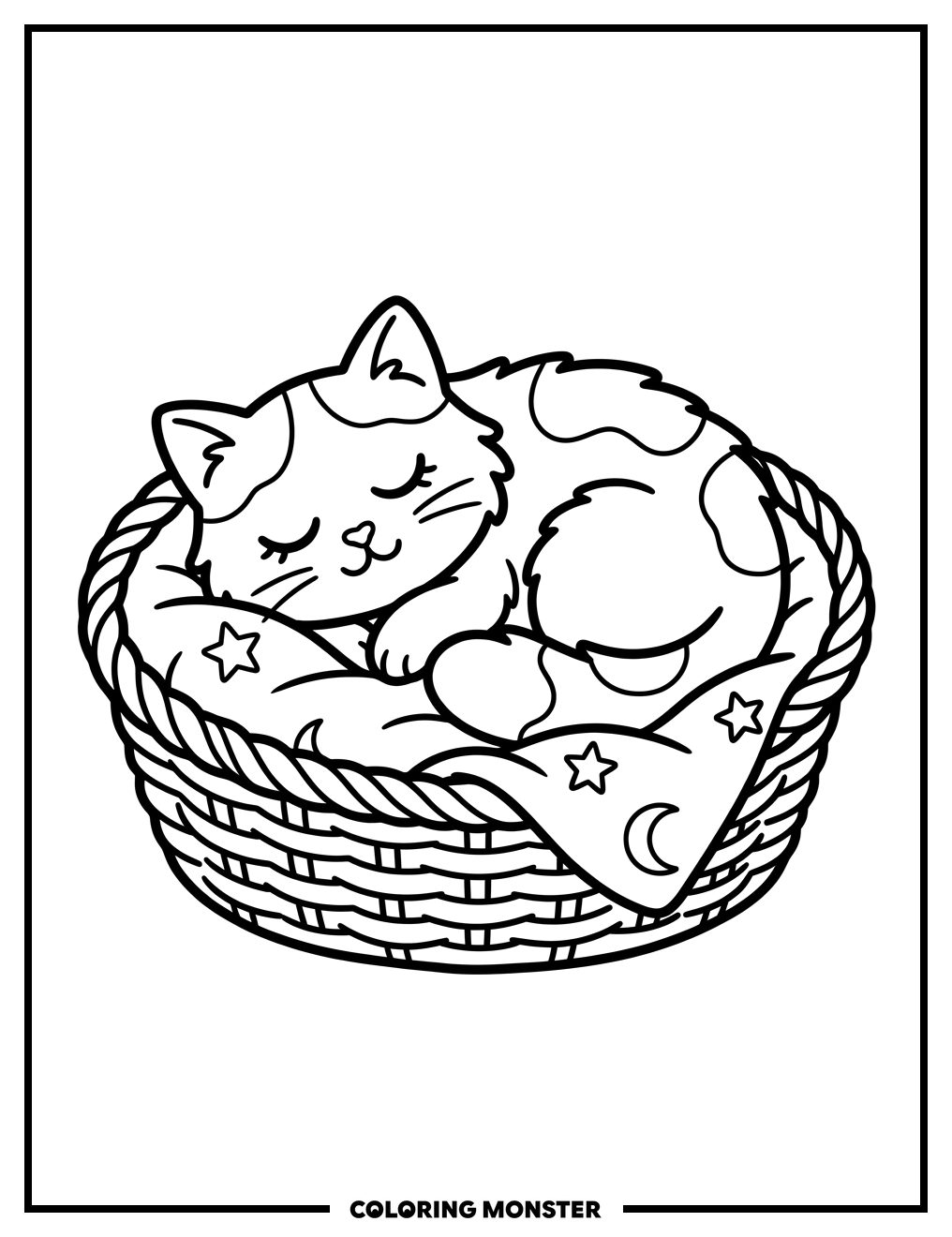 Fluffy Cat Sleeping In Basket Coloring Page