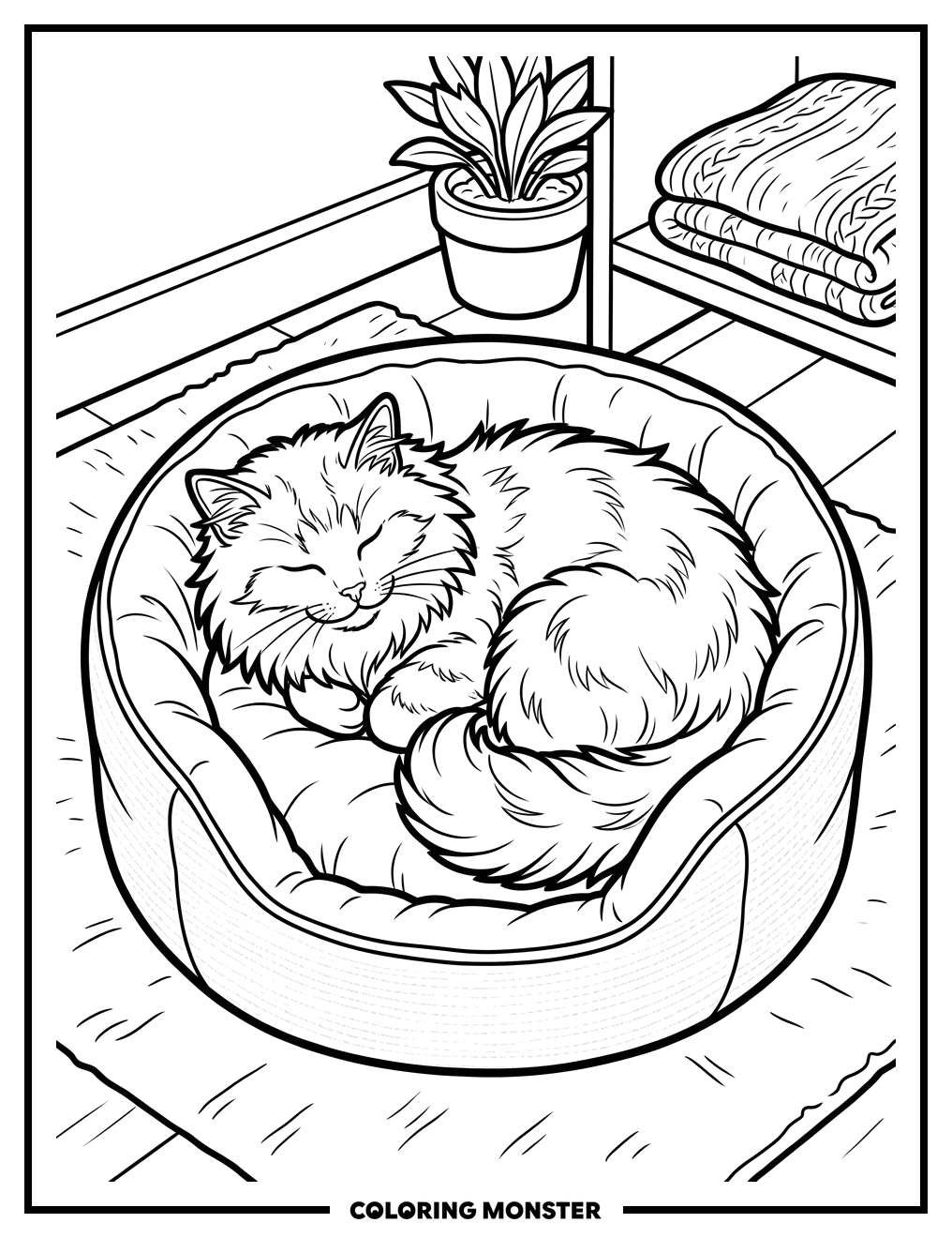 Fluffy Cat Sleeping in Cozy Bed Coloring Page