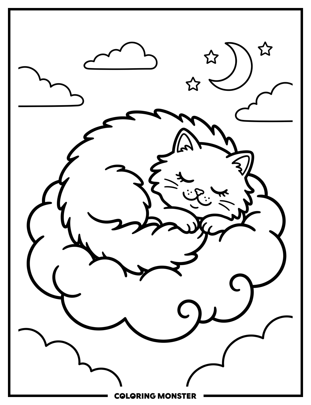 Fluffy Cat Sleeping On A Cloud Coloring Page