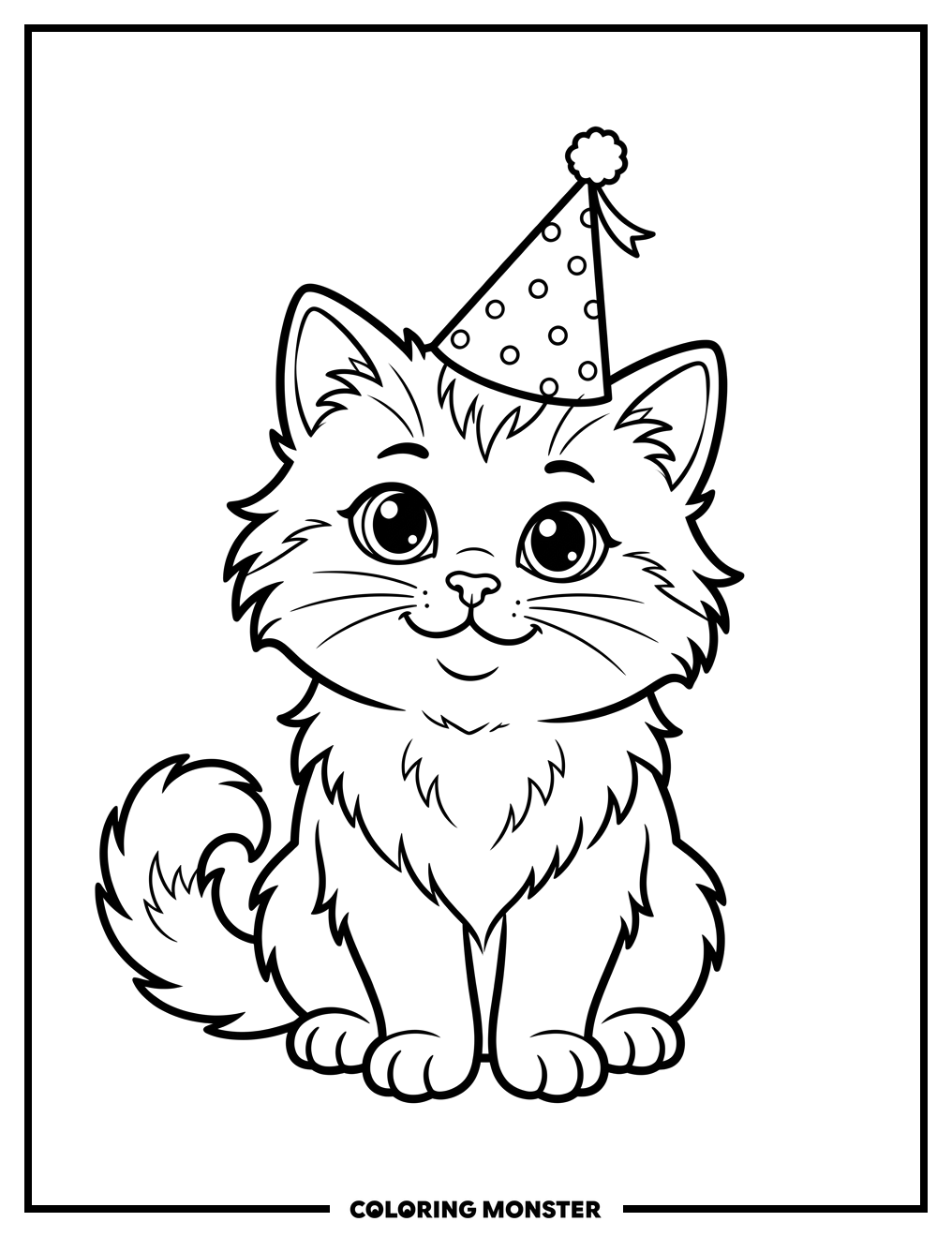 Fluffy Cat Wearing Party Hat Coloring Page