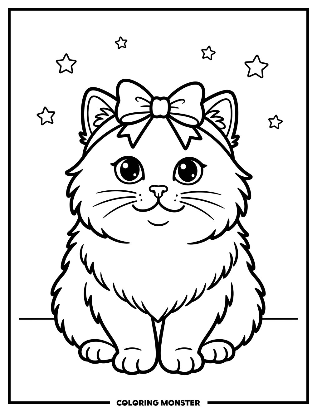 Fluffy Cat With Bow Coloring Page