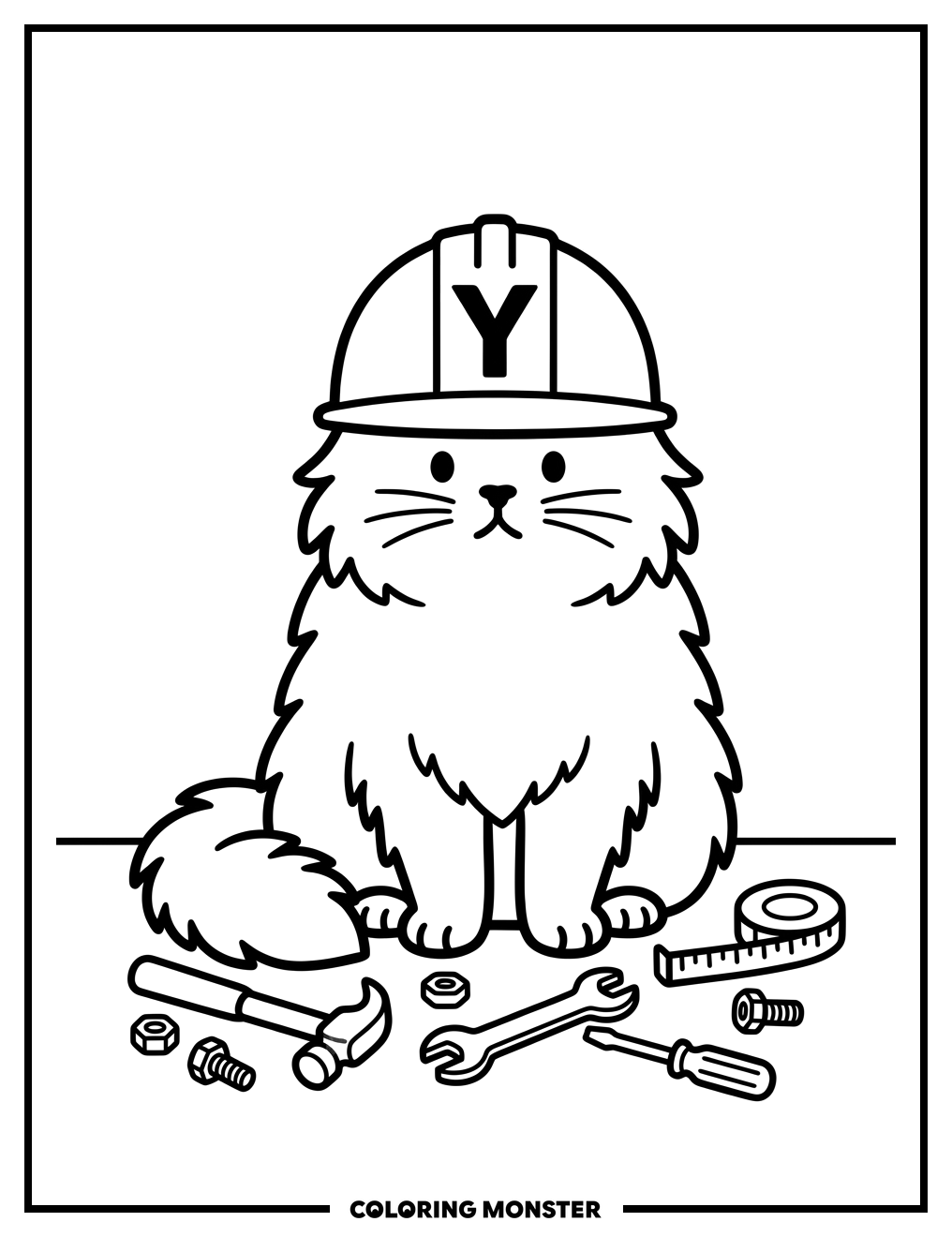 Fluffy Cat With Construction Tools Coloring Page