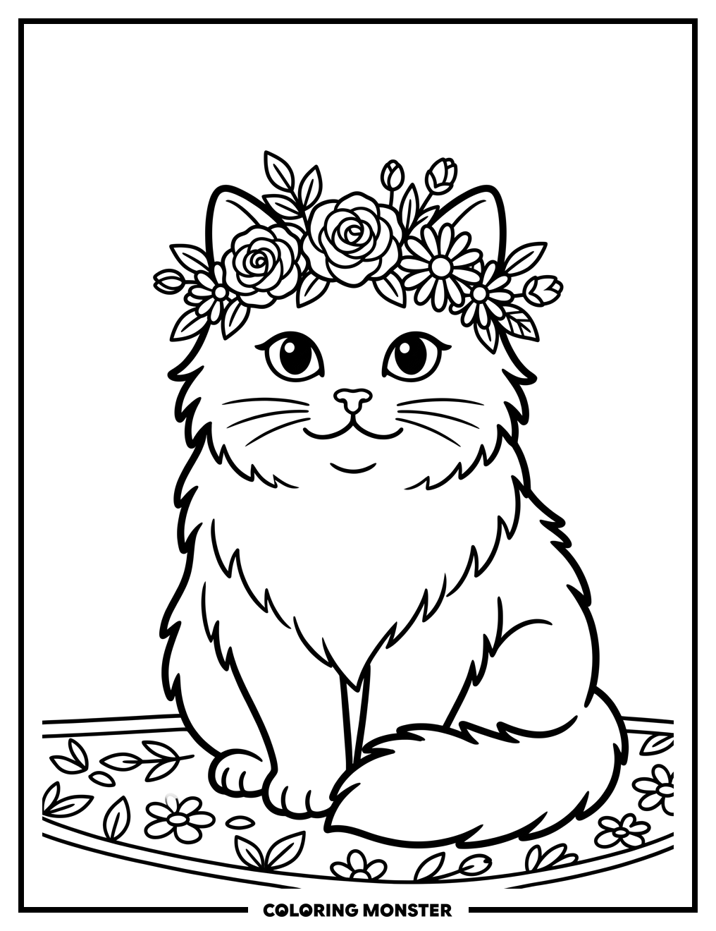 Fluffy Cat With Flower Crown Coloring Page