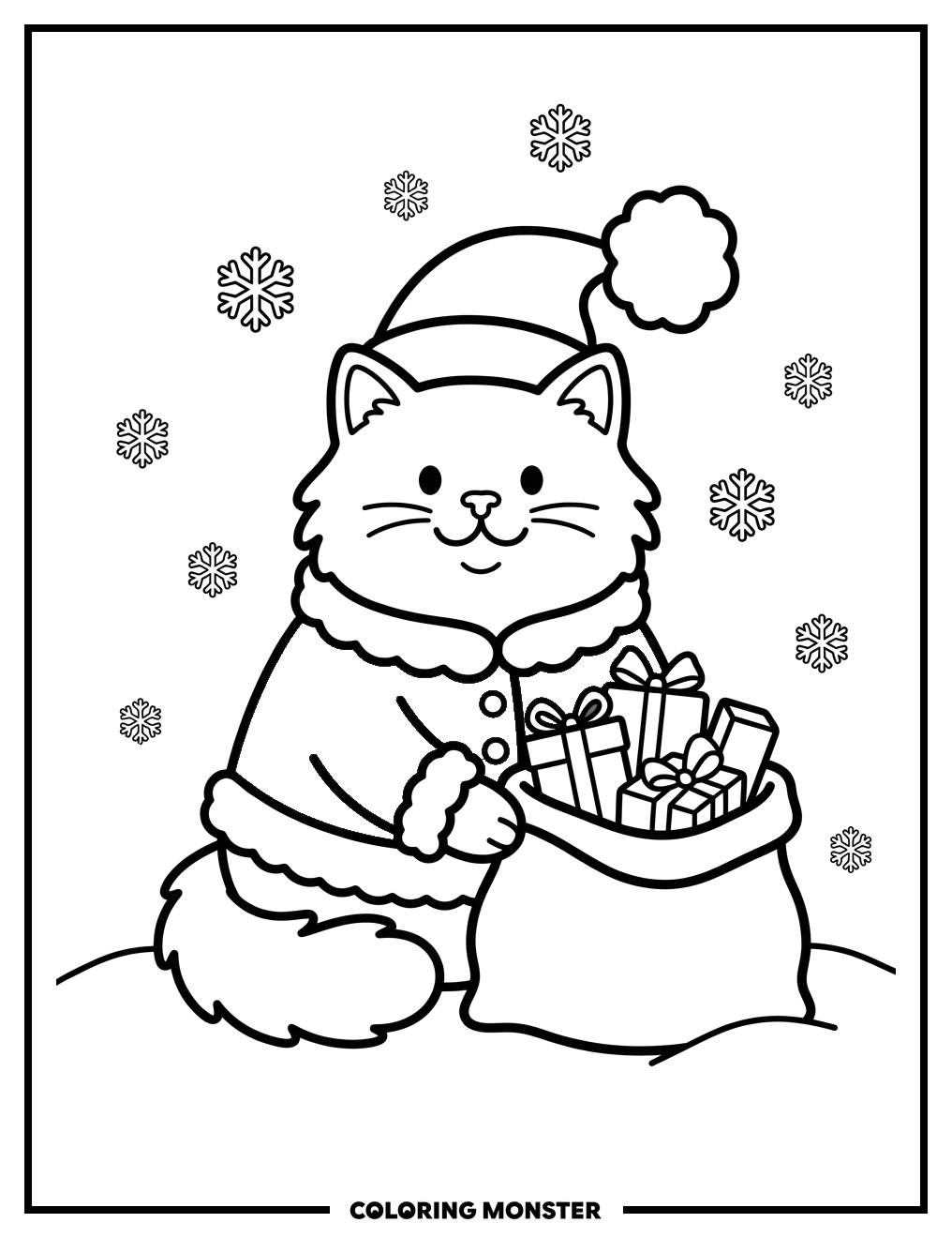 Fluffy Cat with Gift Bag Coloring Page