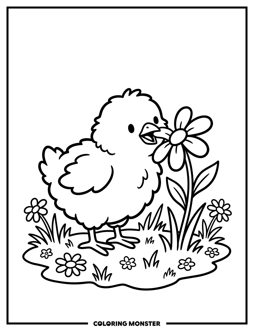 Fluffy Chick Pecks Wildflower Coloring Page