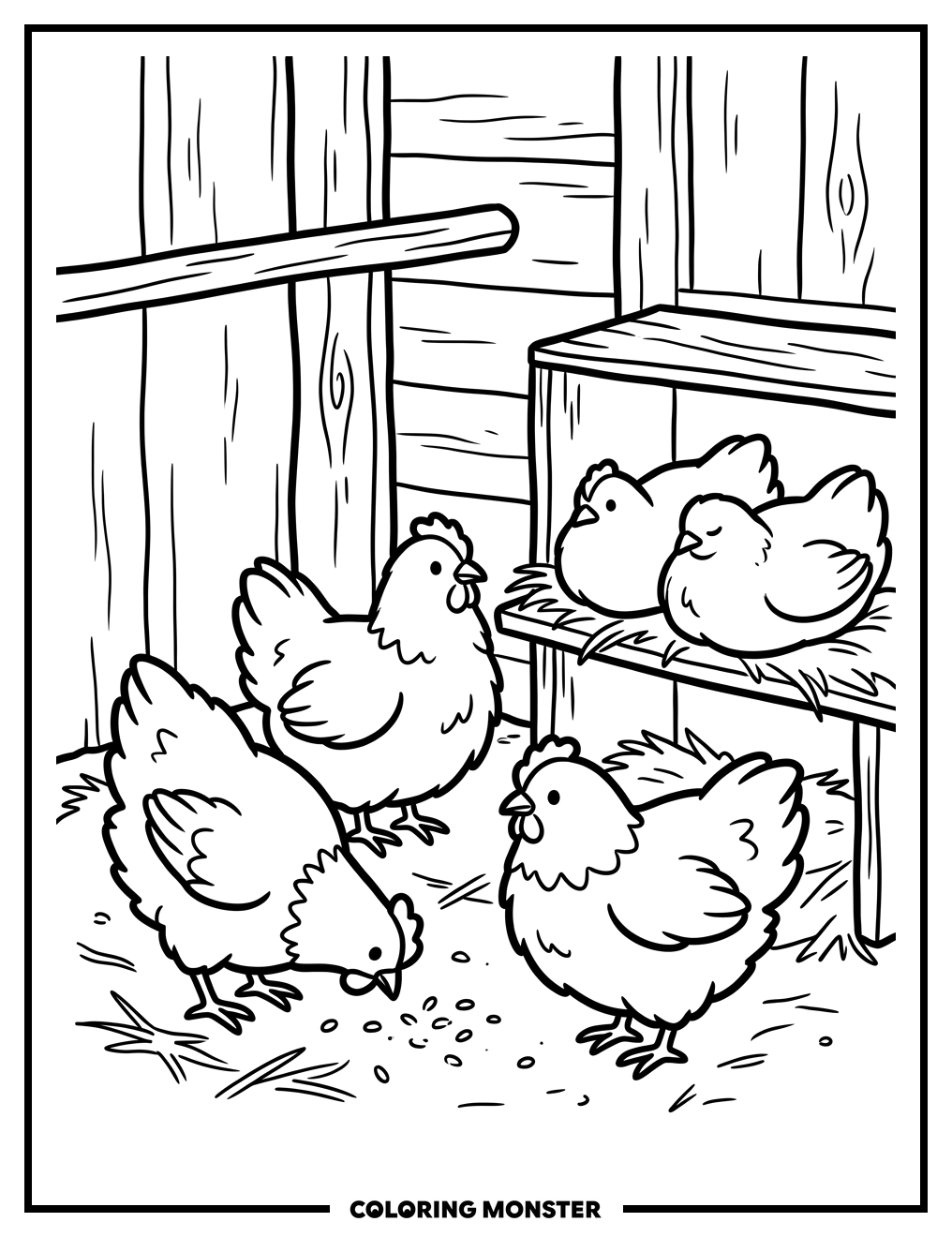 Fluffy Chickens in a Wooden Coop Coloring Page