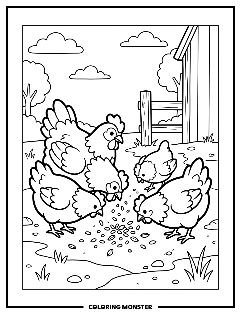 Fluffy Chickens Pecking Grains Coloring Page