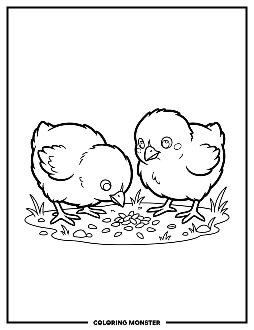 Fluffy Chicks Pecking Seeds Coloring Page
