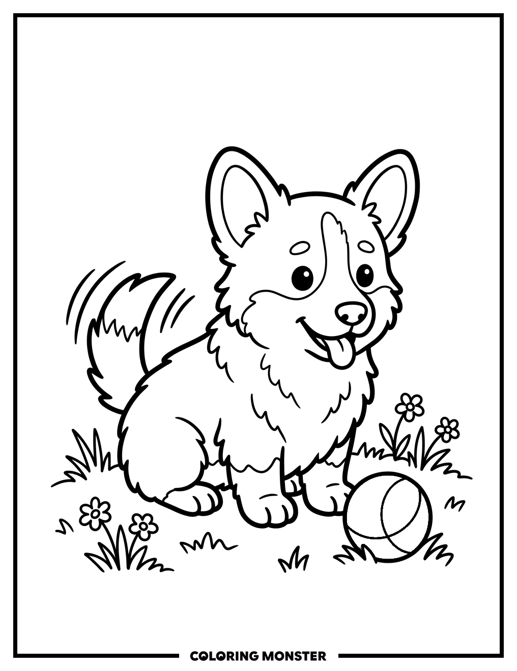 Fluffy Corgi Puppy With Red Ball Coloring Page