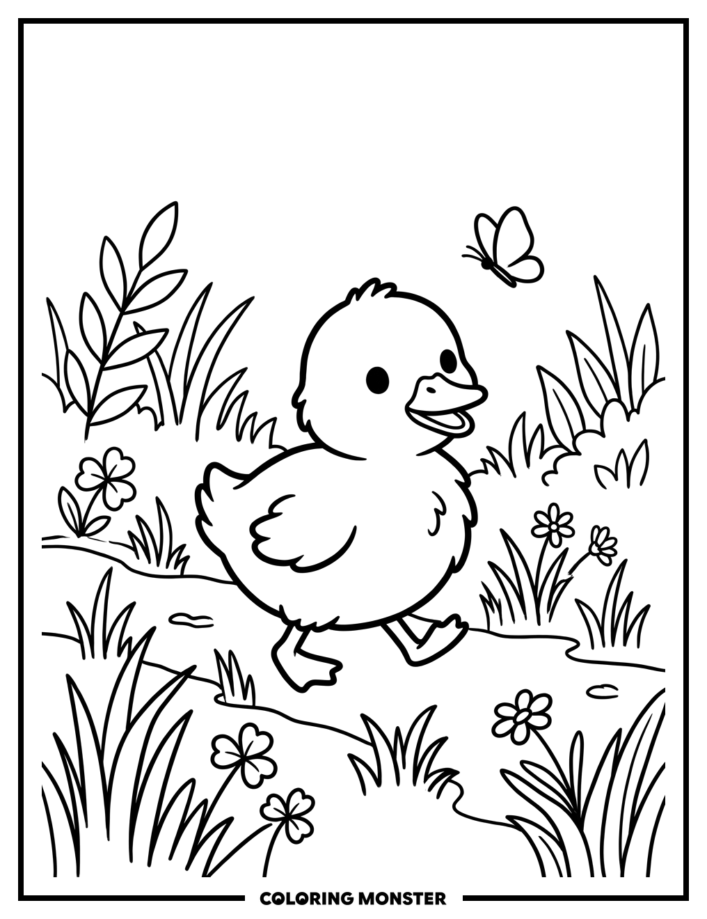 Fluffy Duckling in Green Grass Coloring Page
