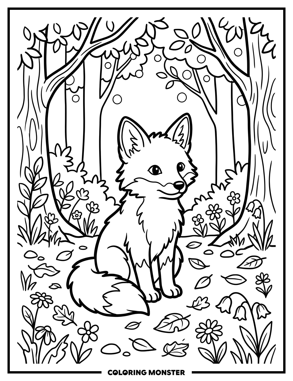 Fluffy Fox Cub in Forest Clearing Coloring Page