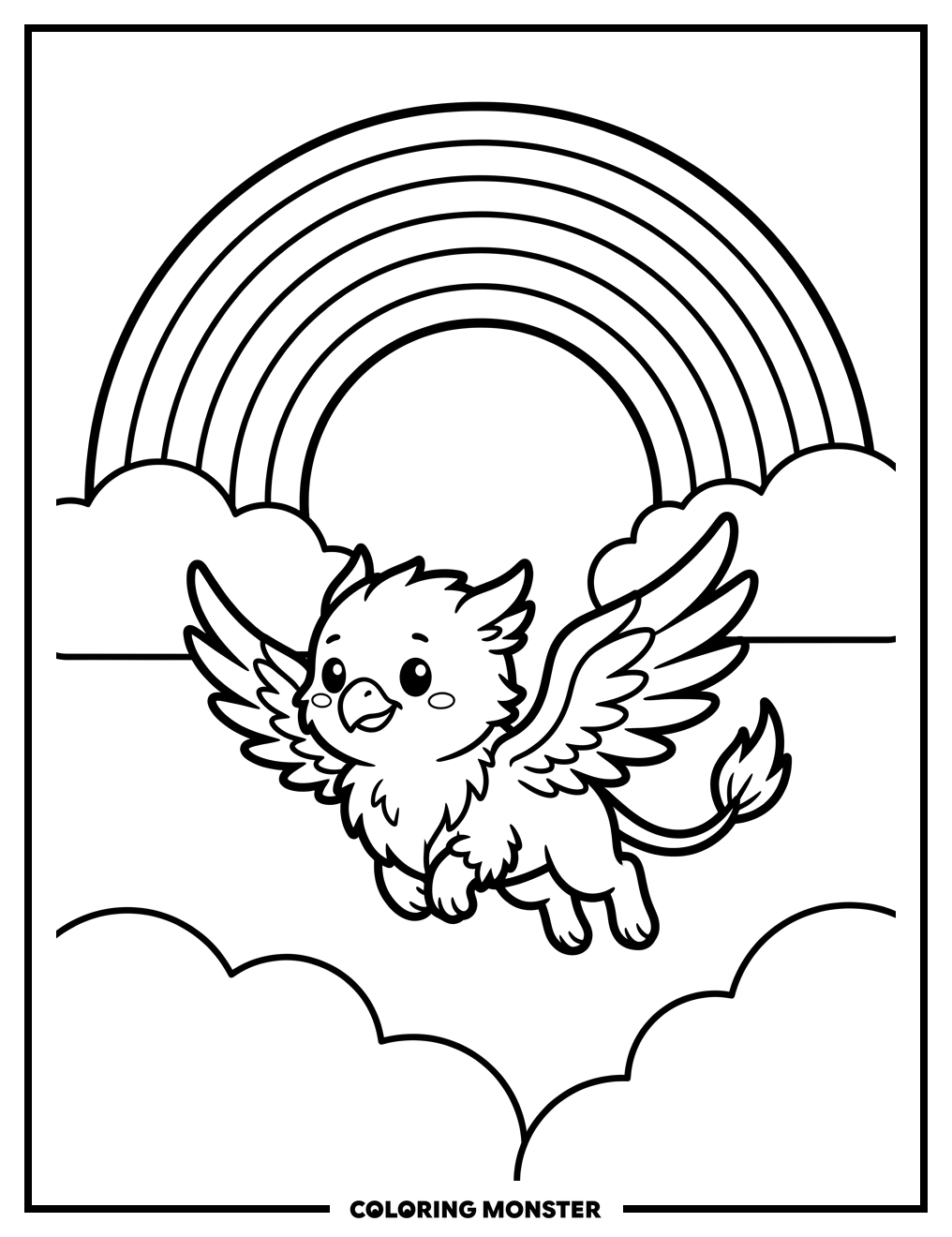 Fluffy Griffin Soaring Under Rainbow Coloring Page