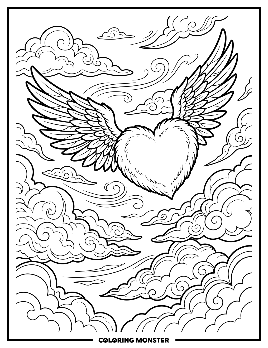 Fluffy Heart With Feathered Wings Coloring Page