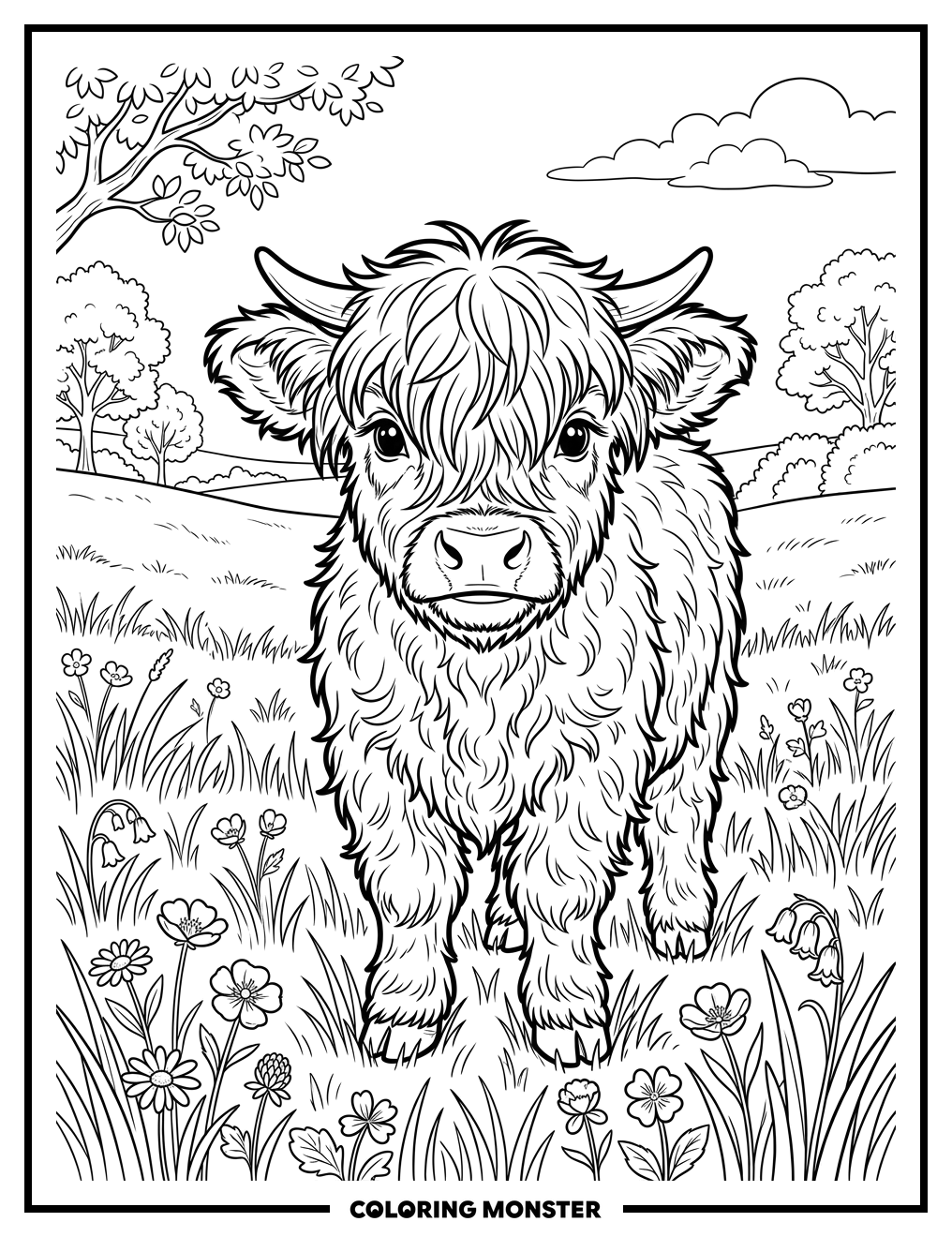 Fluffy Highland Cow in Meadow Coloring Page