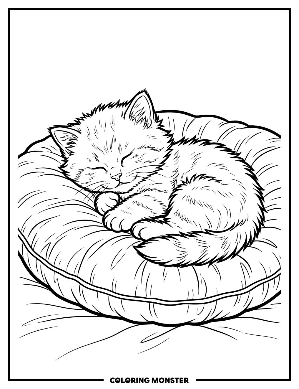 Fluffy Kitten Asleep on Cushion Coloring Page