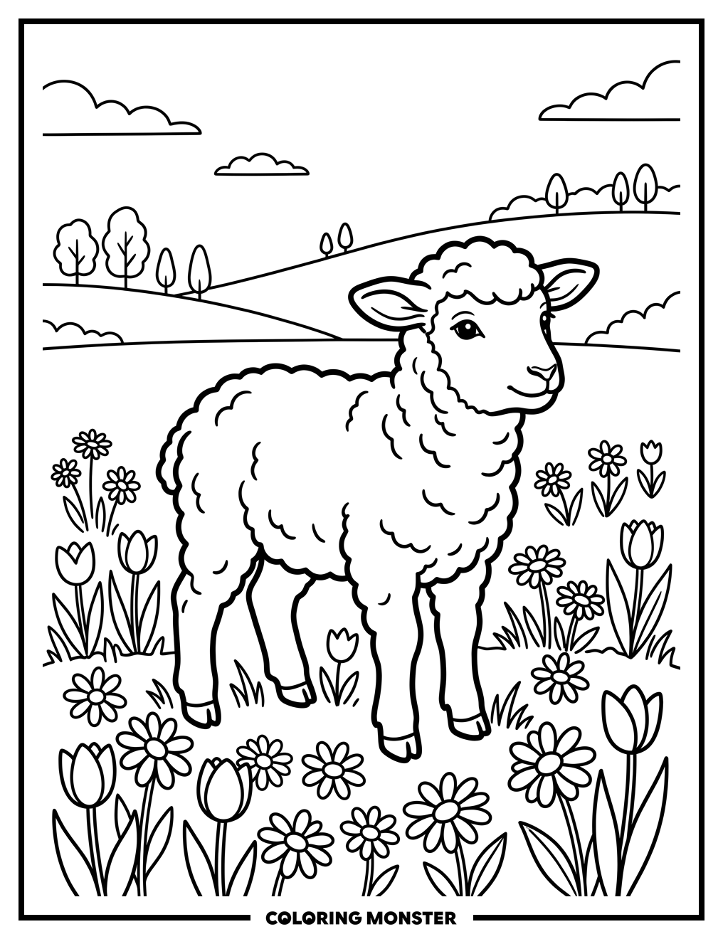 Fluffy Lamb in Spring Flowers Coloring Page