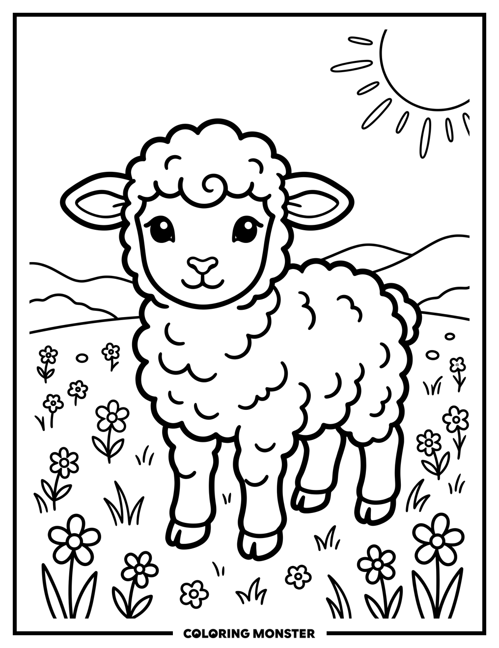 Fluffy Lamb in Sunny Meadow Coloring Page