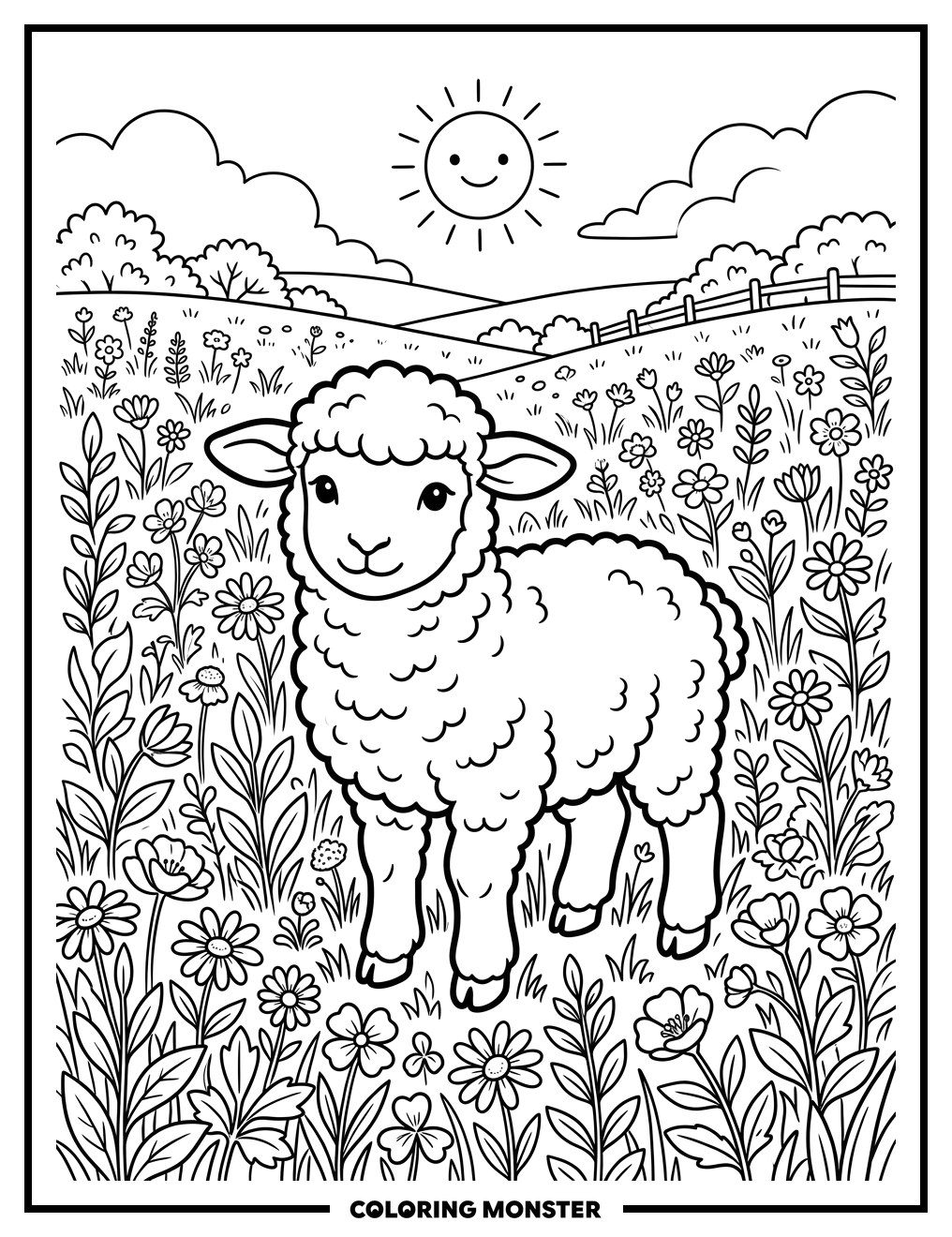 Fluffy Lamb in Sunny Meadow Coloring Page
