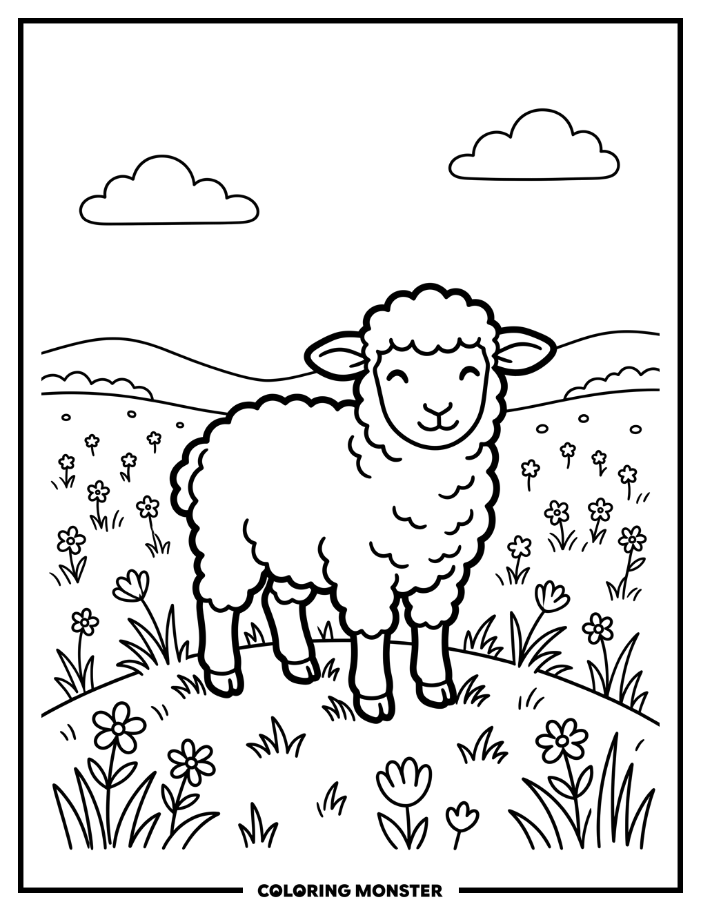 Fluffy Lamb in Wildflower Meadow Coloring Page