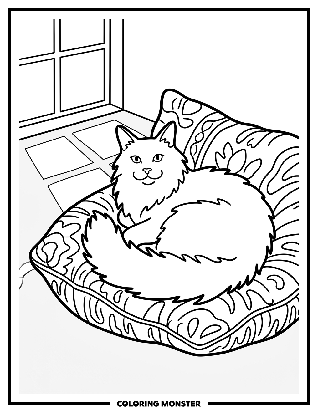 Fluffy Maine Coon Cat on Cushion Coloring Page