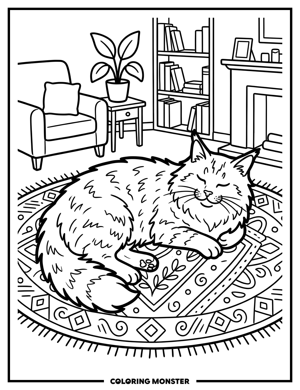 Fluffy Maine Coon Cat on Rug Coloring Page