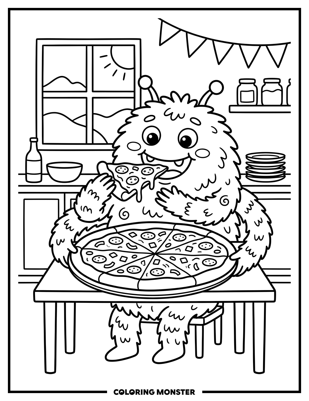 Fluffy Monster Eats Pizza Coloring Page