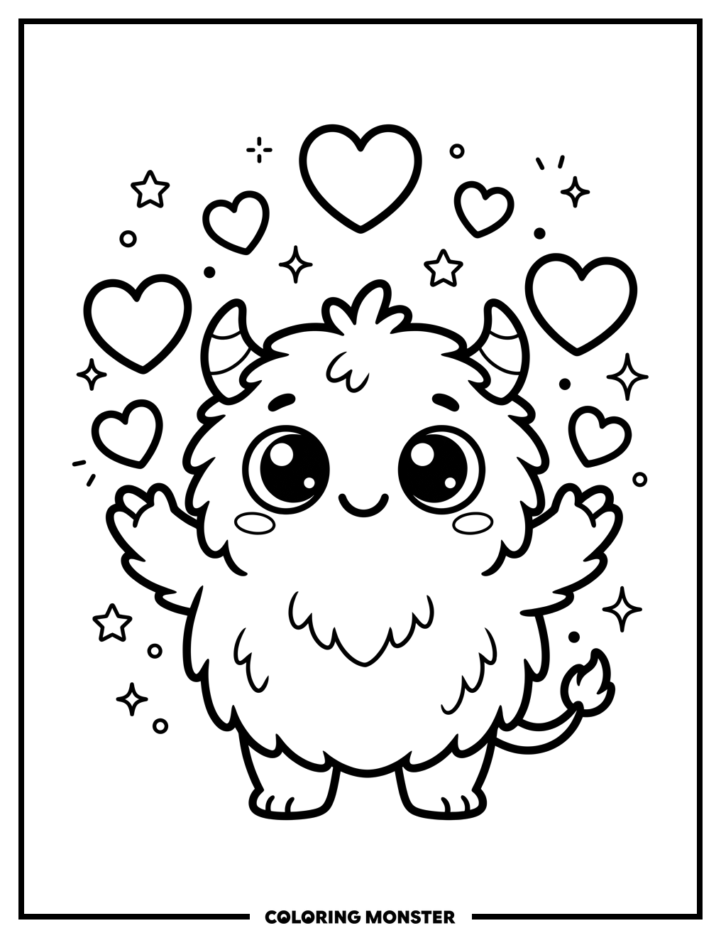 Fluffy Monster Juggling Hearts Coloring Page