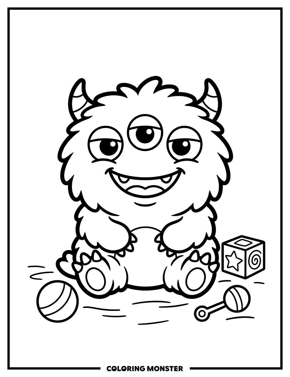 Fluffy Monster with Toys Coloring Page