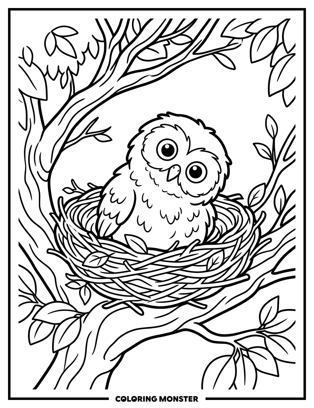 Fluffy Owl in a Twig Nest Coloring Page