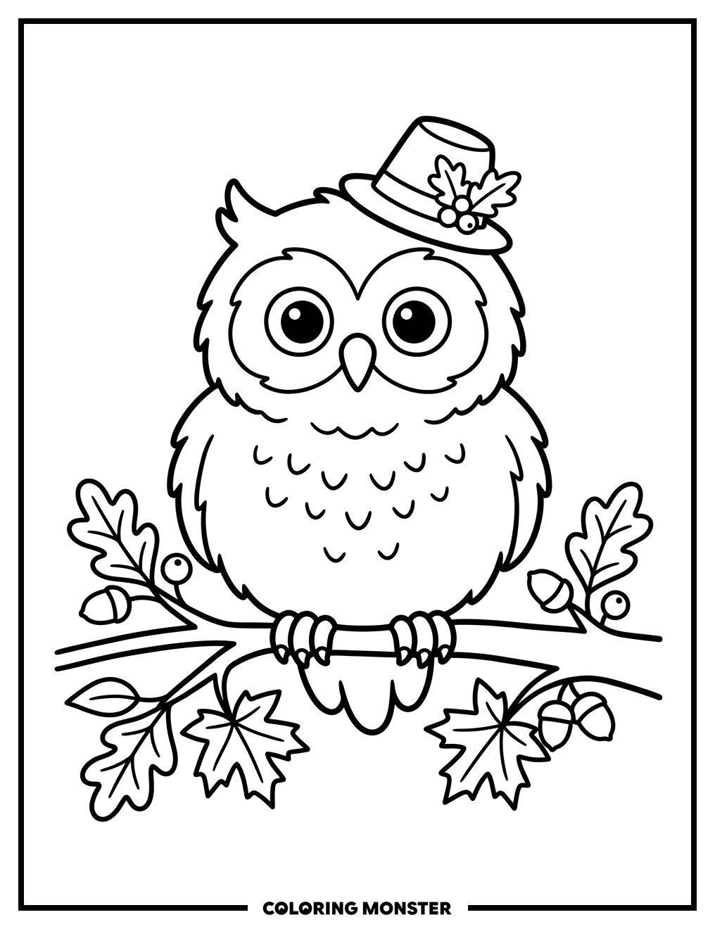 Fluffy Owl in Autumn Hat Coloring Page