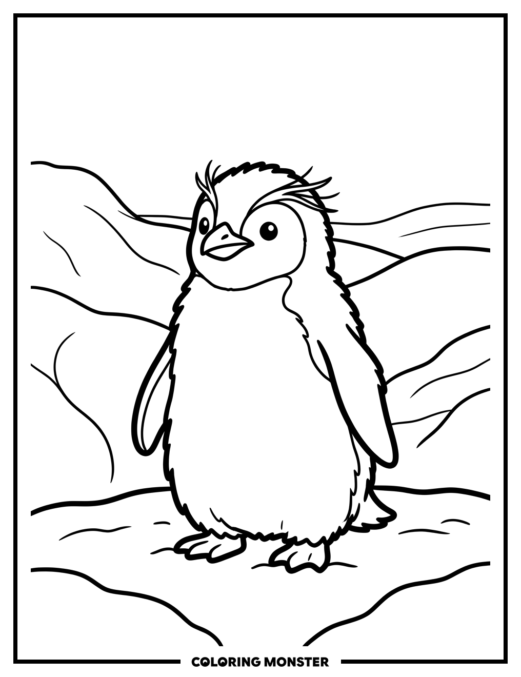 Fluffy Penguin Chick in Snow Coloring Page