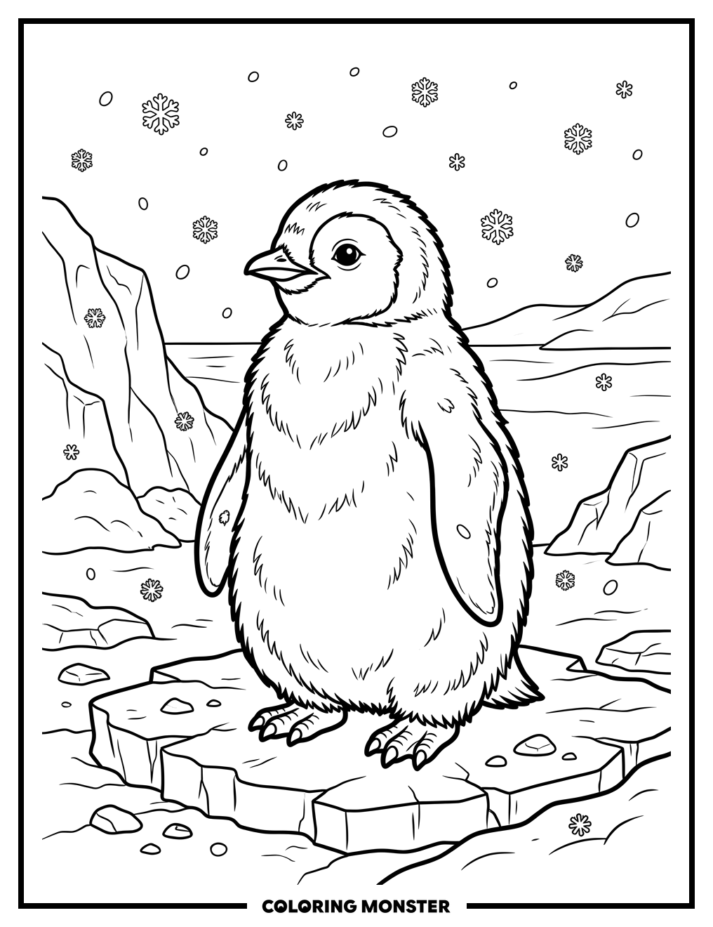 Fluffy Penguin Chick in Snow Coloring Page
