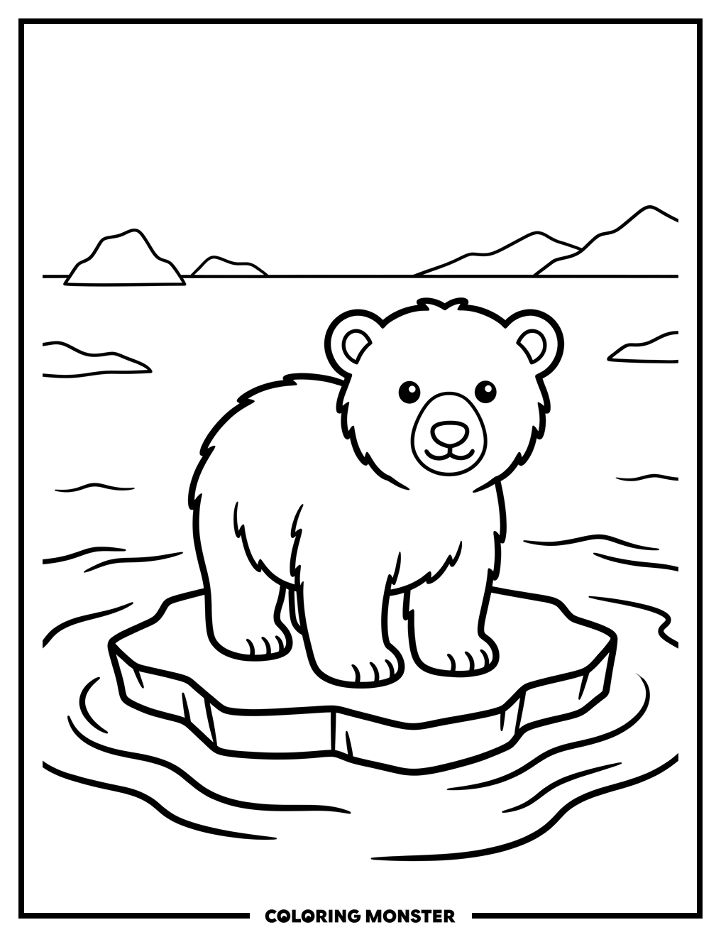 Fluffy Polar Bear Cub in Arctic Sea Coloring Page