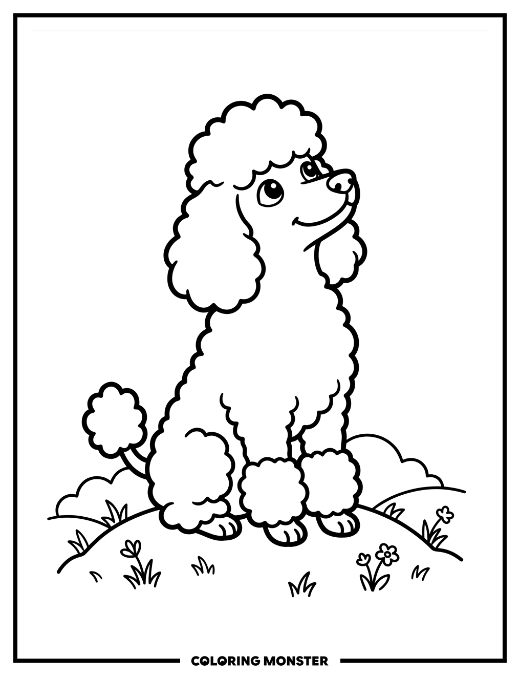 Fluffy Poodle on Grassy Mounds Coloring Page