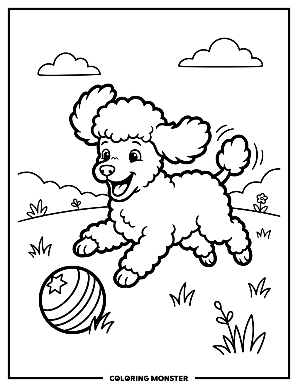Fluffy Poodle Puppy Chasing Ball Coloring Page
