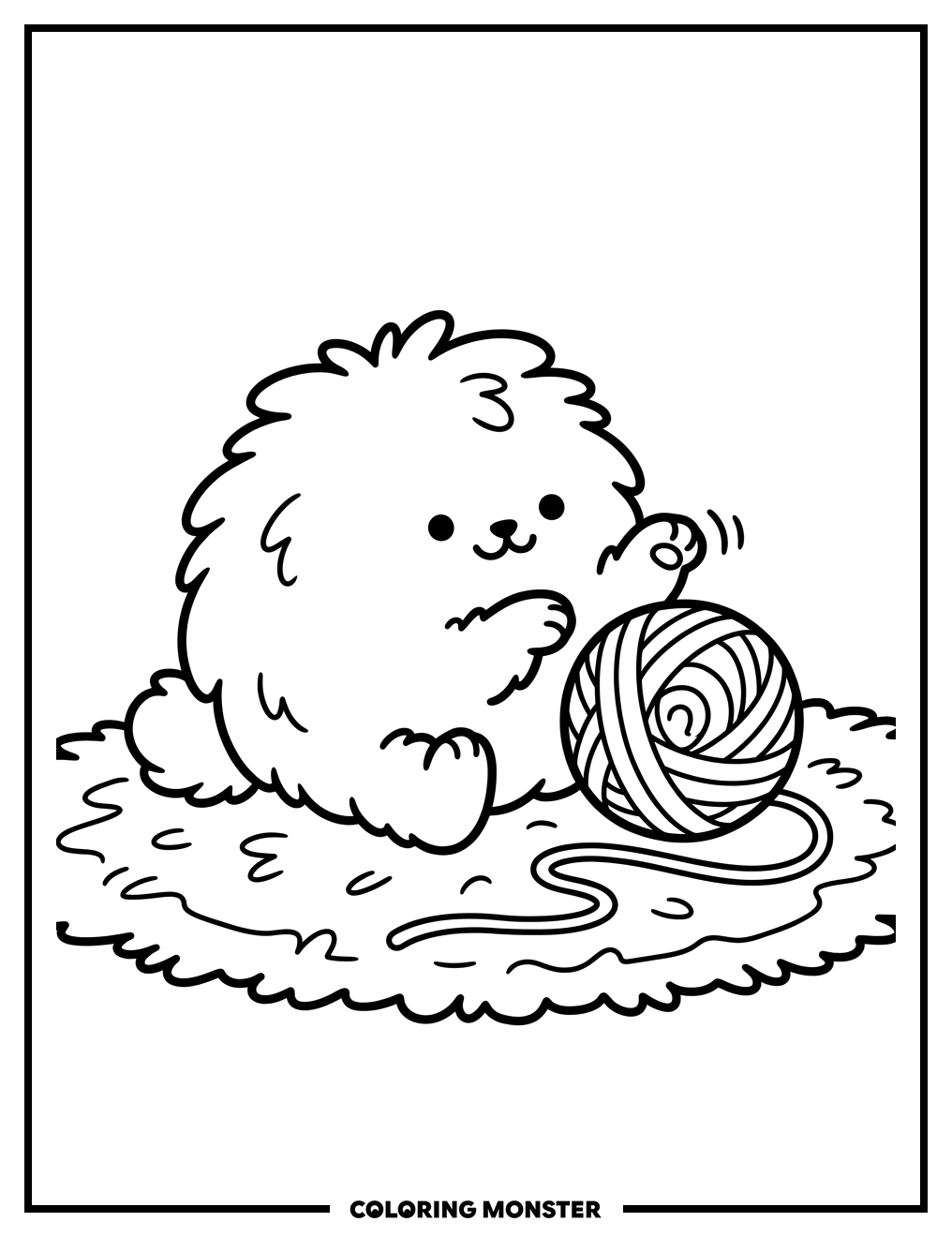 Fluffy Powder Puff Playing with Yarn Coloring Page