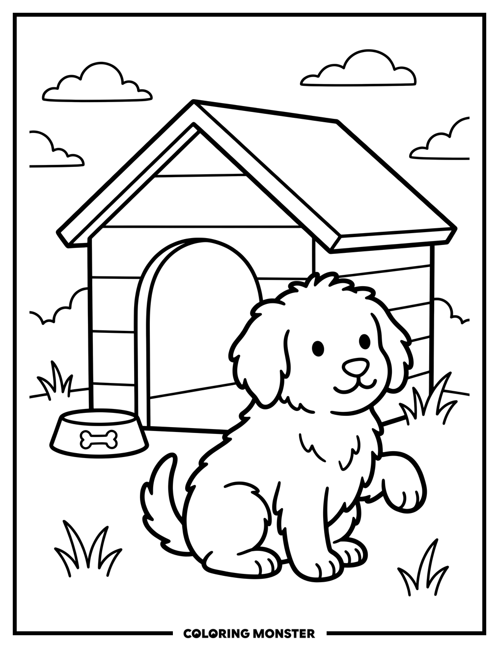 Fluffy Puppy and Dog House Coloring Page
