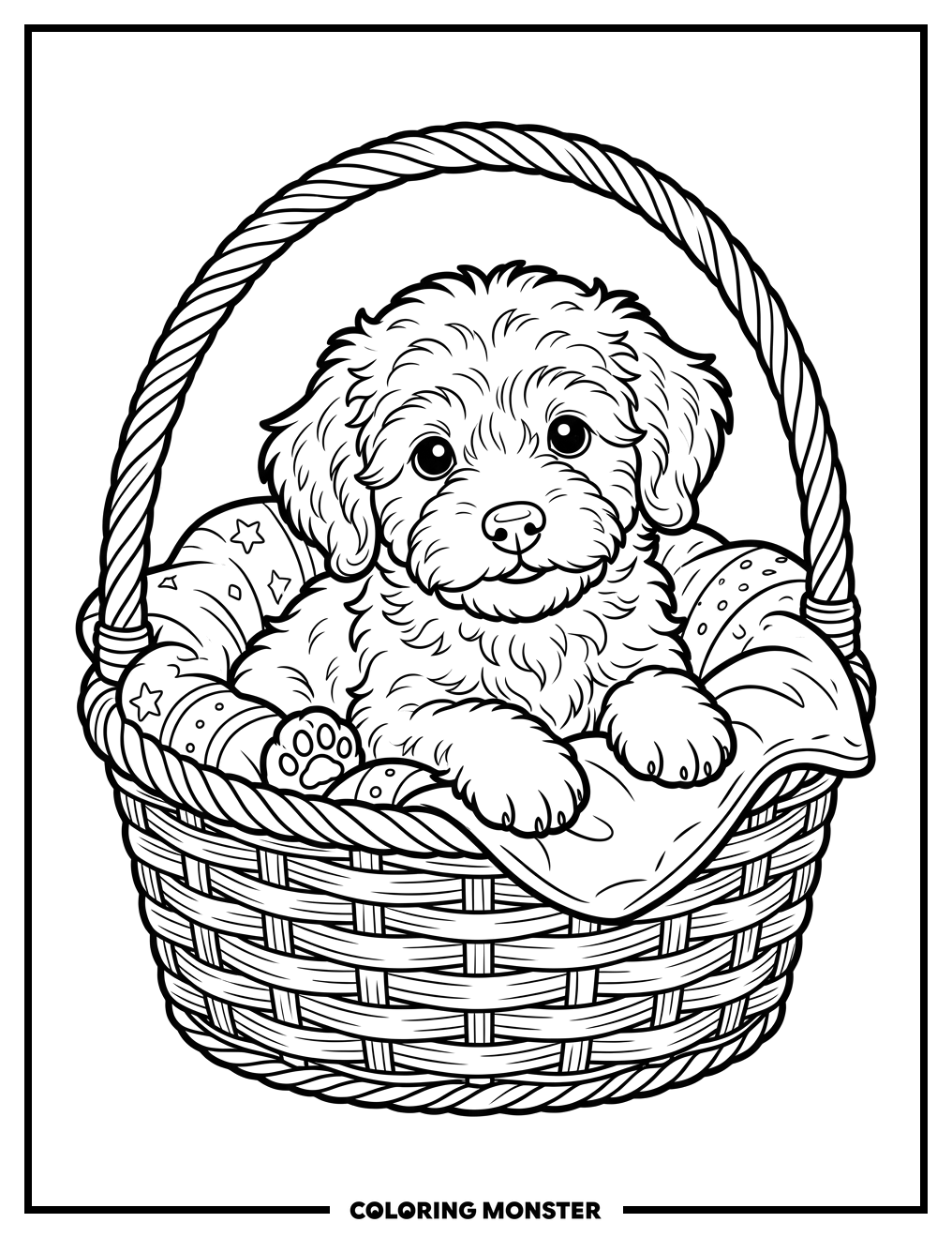Fluffy Puppy in a Woven Basket Coloring Page