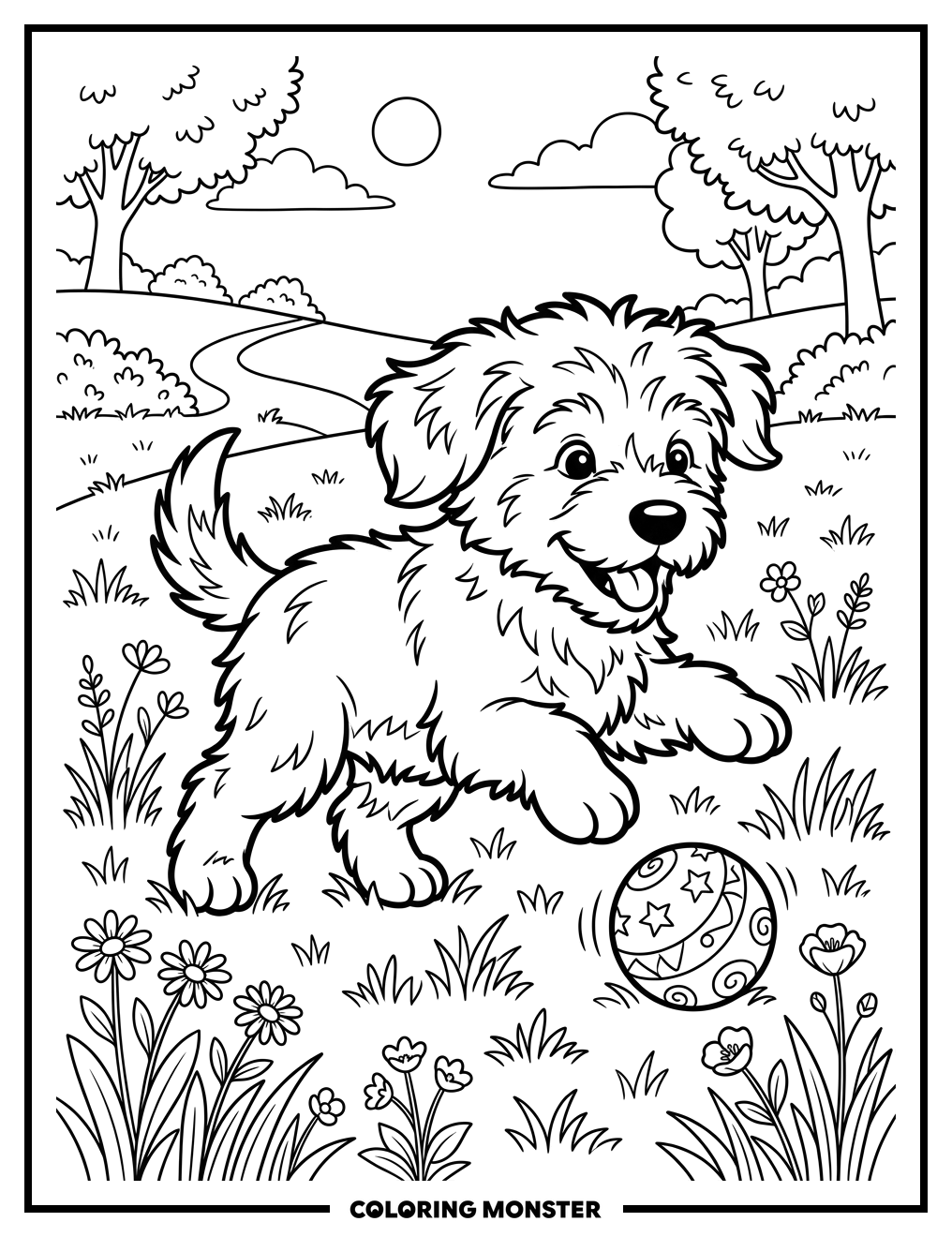 Fluffy Puppy Playing With Ball Coloring Page