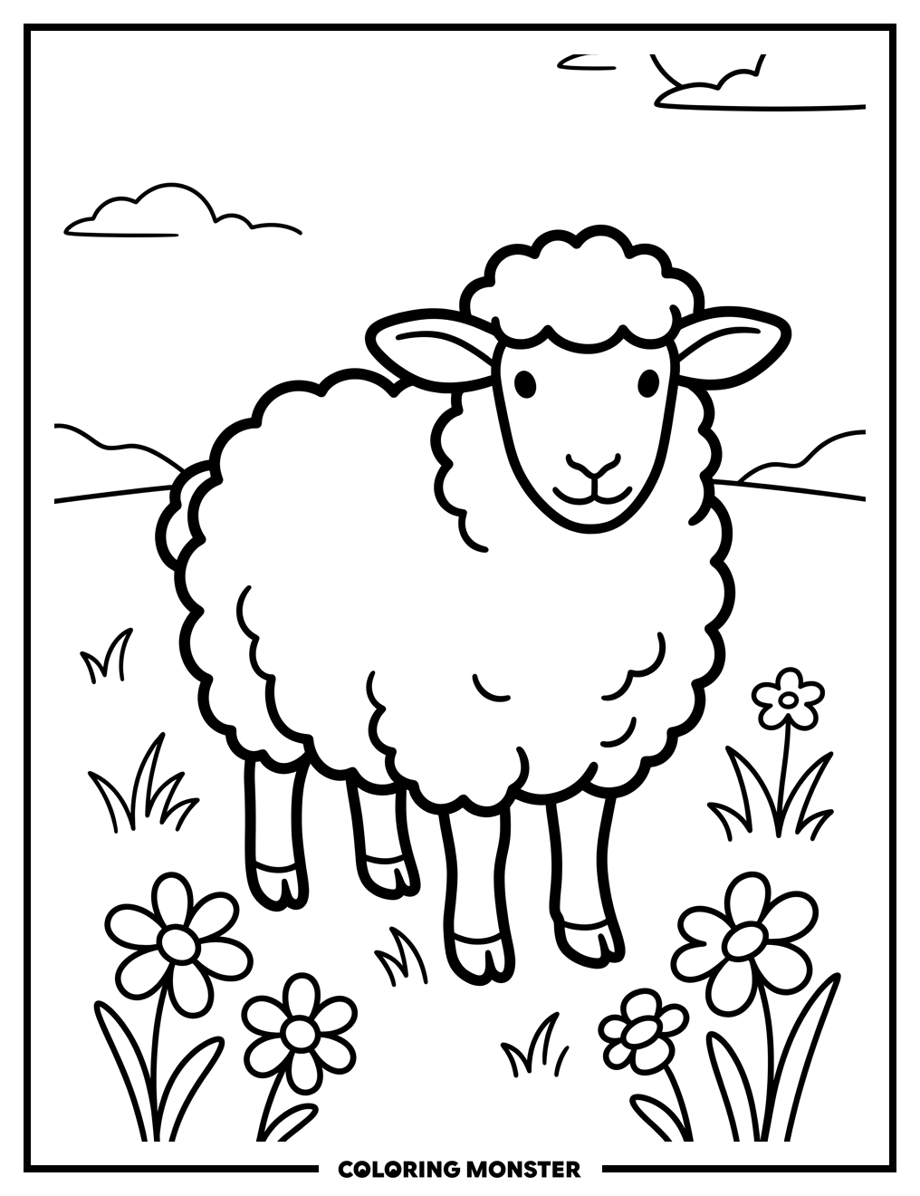 Fluffy Sheep in Wildflower Meadow Coloring Page