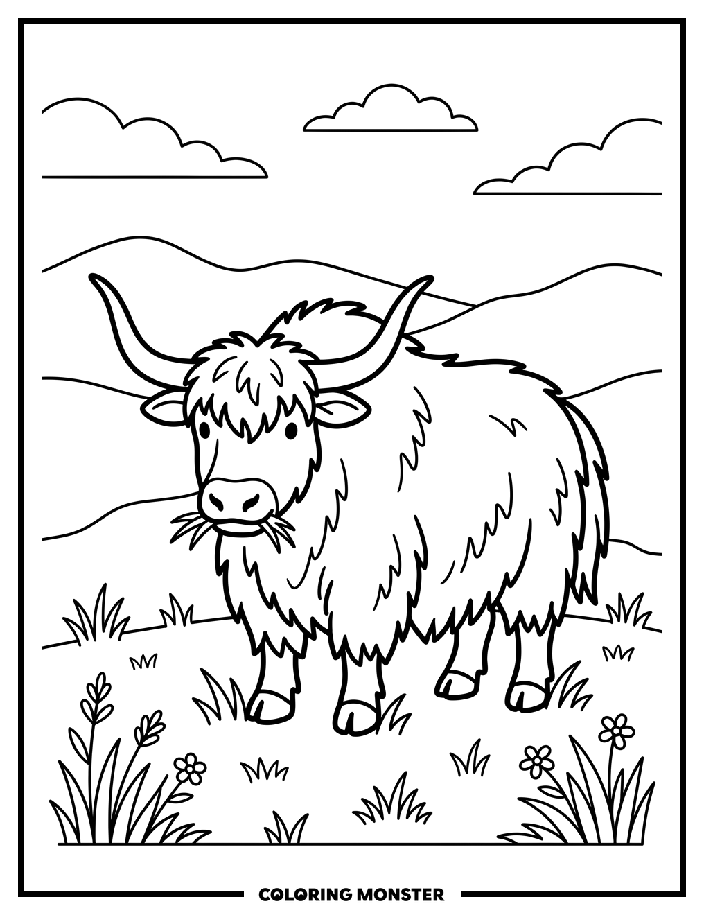 Fluffy Yak in a Meadow Coloring Page