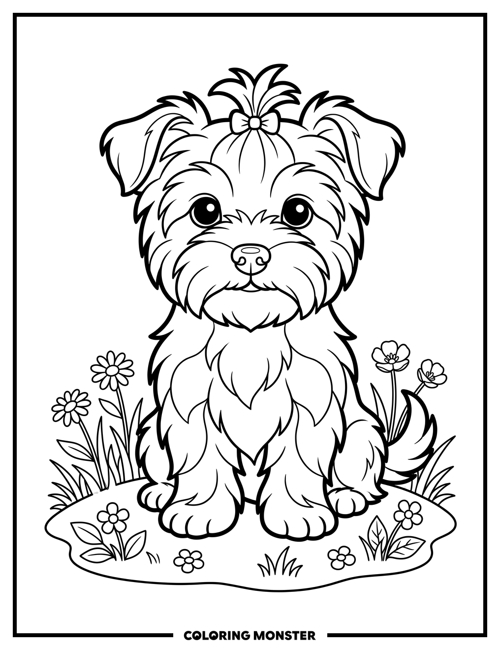 Fluffy Yorkie Puppy on Grass Coloring Page