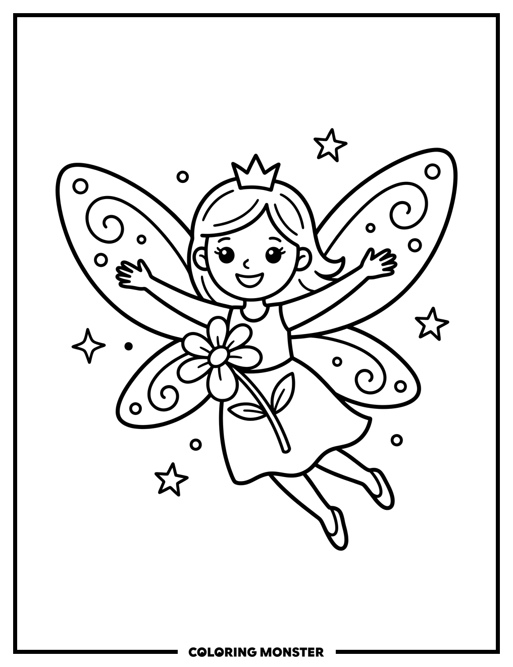 Flying Fairy With Flower Coloring Page